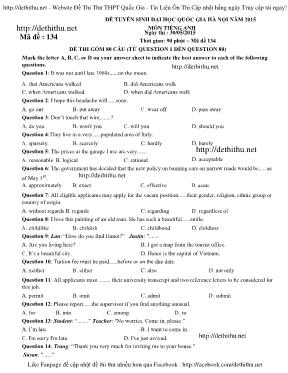 Đề và đáp án tuyển sinh Đại học quốc gia Hà Nội môn Tiếng anh năm 2015 - Mã đề 134